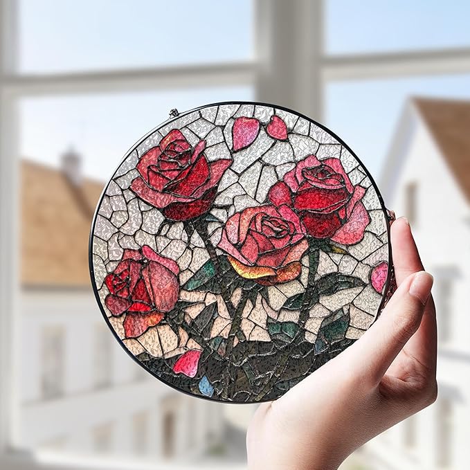 Pink Red Roses Stained Glass Window Hanging Suncatchers Valentine Roses Glass Panel Hangings Vintage Floral Window Decor Flowers Lovers Gift for Women Mom Spring Garden Nature Ornament 11.8inch
