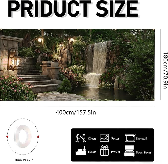 Garage door banner cover, 6x13 ft beautiful garden scene with flowers and waterfalls background, Large Outdoor Backyard Landscape Decoration (Garden Waterfall)