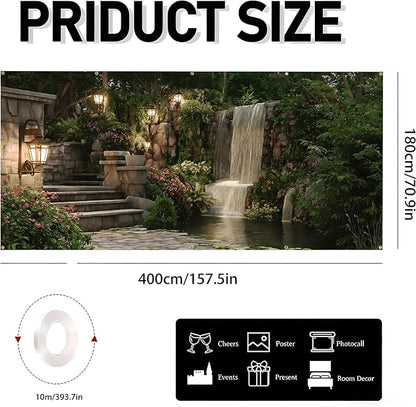 Garage door banner cover, 6x13 ft beautiful garden scene with flowers and waterfalls background, Large Outdoor Backyard Landscape Decoration (Garden Waterfall)