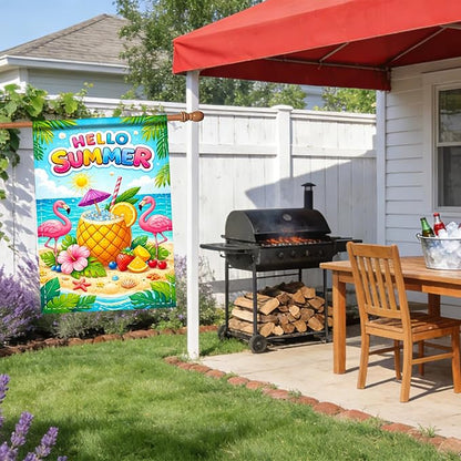 Nuxovilar Large Summer Garden Flag Hello Summer Flamingo Pineapple Beach Pattern Polyester 28×40 Inches Garden Flags for Outside Tropical Decor Yard Porch Seaside