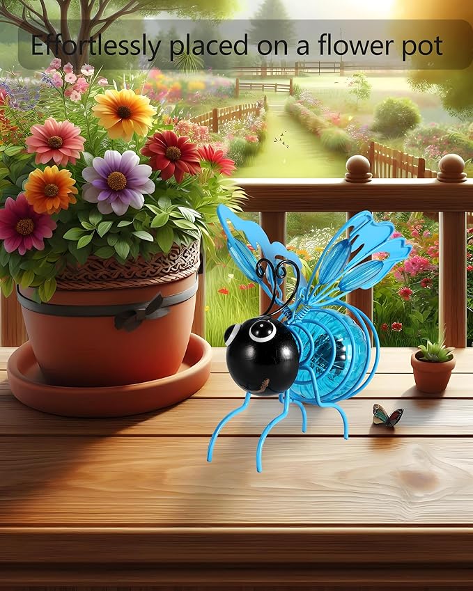 Lighted Outdoor Display - Solar Powered Hanging Bee Decor with Bouncy Springs - Outdoor Hanging Solar Lights for Christmas Garden, Yard, Patio, Porch (Blue)
