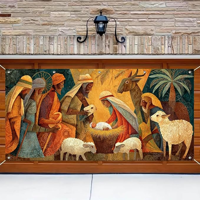 HOMETITUTE 13x6ft Nativity Scene Merry Christmas Garage Door Banner Polyester Large Outdoor Xmas Decoration with Baby Jesus Mary Shepherd Animals for Holiday Party Winter Yard Home Church Display