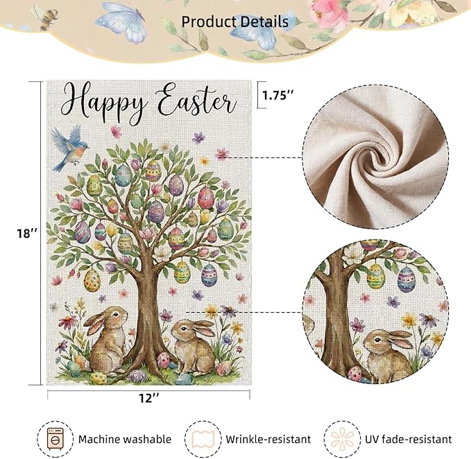 Happy Easter Garden Flag 12 x 18 Inch Double Sided Outside Flag, Easter Eggs Tree Bunny Yard Outdoor Easter Holiday Decoration