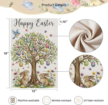 Happy Easter Garden Flag 12 x 18 Inch Double Sided Outside Flag, Easter Eggs Tree Bunny Yard Outdoor Easter Holiday Decoration