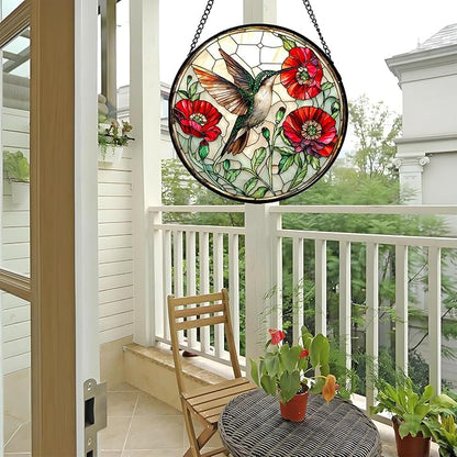 Stained Glass Window Hanging - Green Hummingbird Red Flower Suncatcher for Door Terrace Garden Home Decor Bird Landscape Sun Catcher Birthday Gifts for Lovers Women Men Dad Mom Nana 6.3 in