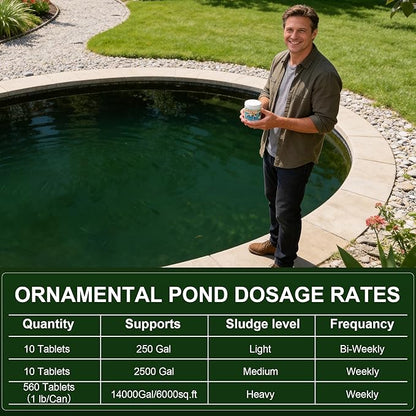 Muck Reducer - 1LB Natural Muck Sludge Solution Tablets, Optimize Up to 6,000 Sq Ft, Pets and Swimming, Odor Control for Ponds & Lakes - Safe for Fish