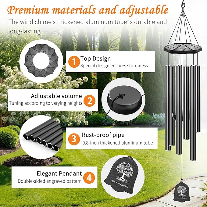 Wind Chimes for Outside - 6 Tubes 32" Wind Chimes for Loss of Loved One, Retirement & Outdoor Patio Yard Decoration, Retired Gift for Mom Women Grandma Neighbors Garden Décor Black