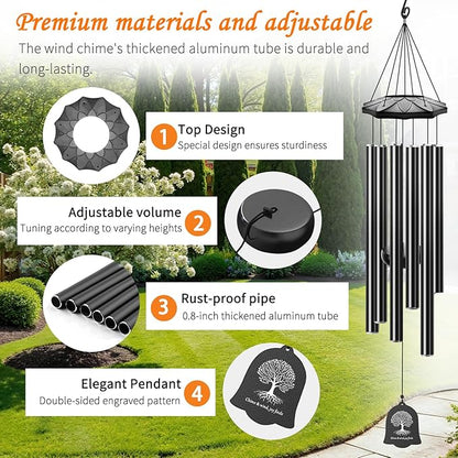 Wind Chimes for Outside - 6 Tubes 32" Wind Chimes for Loss of Loved One, Retirement & Outdoor Patio Yard Decoration, Retired Gift for Mom Women Grandma Neighbors Garden Décor Black