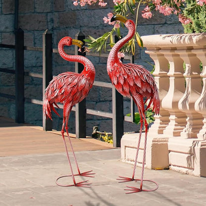 32-36 Inch Yard Flamingos Garden Statues, Metal Flamingo Outdoor Decor, Vibrant Flamingo Statues for Lawn, Backyard, Porch, Patio, Set of 2
