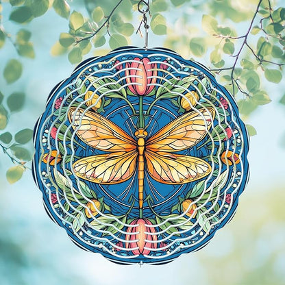 Dragonfly Floral Wind Spinners Outdoor, Hanging Wind Spinner for Garden Decoration, 8 inch 3D Stainless Steel Metal Wind Sculpture for Indoor/Outdoor Decor