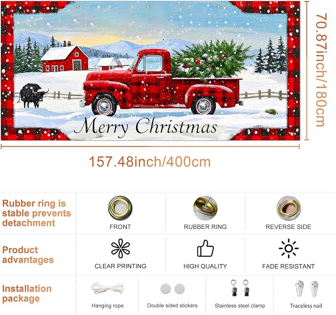 IVN Merry Christmas Garage Door Banner 13x6ft Festive Buffalo Plaid Truck in Snowy Landscape Photo Prop Background for Joyful Holiday Yard Door Cover Background Outdoor Winter Scene