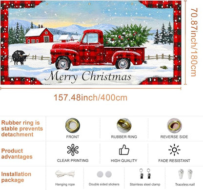 IVN Merry Christmas Garage Door Banner 13x6ft Festive Buffalo Plaid Truck in Snowy Landscape Photo Prop Background for Joyful Holiday Yard Door Cover Background Outdoor Winter Scene