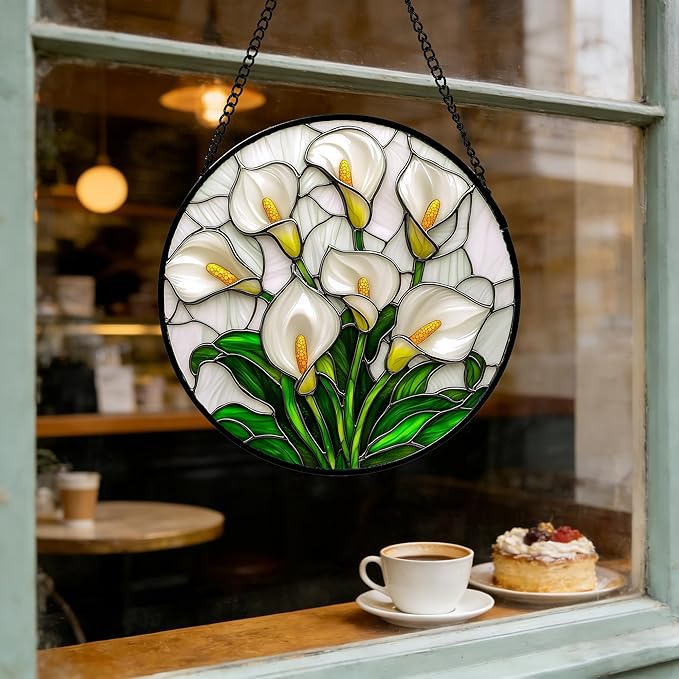 DASTOLL Stained Glass Window Hanging, White Calla Lily Suncatcher Diamond Glass Panel Hangings Flowers Sun Catchers Decor for Birthday for Women, Men, Wife, Aunt, and Mom 11.8x11.8 in