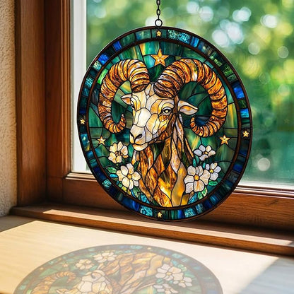 Vivid Aries Mosaic Floral Art Acrylic Suncatcher Stained Glass Effect Window Car Hanging Christmas Ornament Indoor Outdoor Decor Garden Sun Catcher Panel for Zodiac Lover for Women Mom Grandma