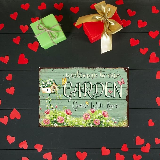 Flowers Metal Poster, Country Rustic Butterfly Tin Sign, Garden Grow with Love, Yard Garage Farm Outside Wall Decor Plaque Outdoor for Home Fence 8 X 12 Inch