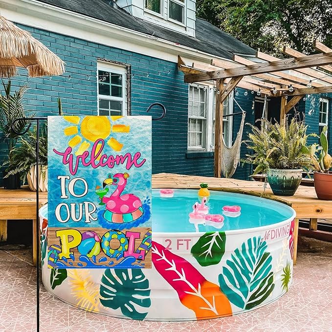 Baccessor Summer Pool Flamingo Garden Flag Double Sided Summer Welcome Pool Small Yard Flag Double Sided 12x18 Inch Burlap Vertical Seasonal Farmhouse Yard Outdoor Decoration