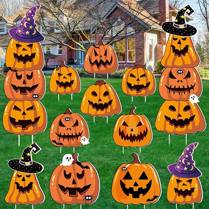 Amyhill 12 Pcs Halloween Pumpkin Yard Signs for Outdoor Spooky Ghost Jack O 16 Pcs Pumpkin with Witch Hats Lawn Stakes Trick or Treat Yard Decorations for Halloween Garden Stack Prop Home Party Decor
