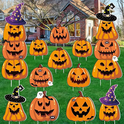 Amyhill 12 Pcs Halloween Pumpkin Yard Signs for Outdoor Spooky Ghost Jack O 16 Pcs Pumpkin with Witch Hats Lawn Stakes Trick or Treat Yard Decorations for Halloween Garden Stack Prop Home Party Decor