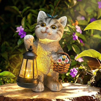Brightown Solar Cat Garden Decor Statue with Solar Lantern Light, Hand-Painted Resin, IP65 Waterproof Outdoor Decor for Patio, Balcony & Yard Decorations, Unique Mothers Day Gifts for Mom Women