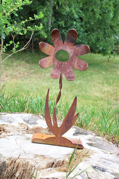 Metal Rustic and Colorful Flower Stakes Ranging from 9.5 to 36 Inches Tall (Twisted Daisy on Flat Base, Set of Two 36", Naturally Rusted)