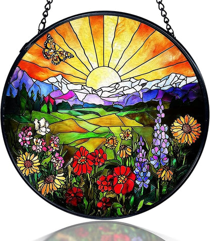 kdqua Sunshine Flower Suncatcher Stained Glass Window Hanging, Cottagecore Sunset Wildflower Sun Catchers Indoor Window Glass Round Wall Decor, Floral Wall Art Hanging Decorations Statues, 7.9x7.9in