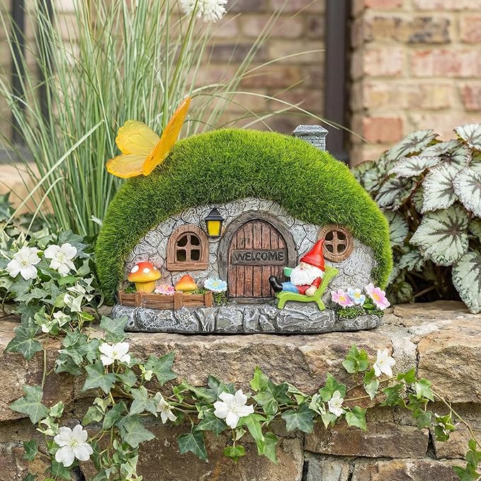 Solar Fairy Garden House Accessories, Outdoor Garden Statues with Butterfly Lights & Gnomes Gardening Gifts for Women, House Sculpture Figurine Outside Garden Decorations for Yard Patio Lawn Decor