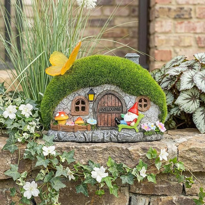 Solar Fairy Garden House Accessories, Outdoor Garden Statues with Butterfly Lights & Gnomes Gardening Gifts for Women, House Sculpture Figurine Outside Garden Decorations for Yard Patio Lawn Decor