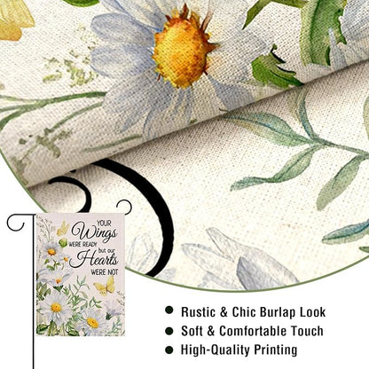 Artofy Memorial Daisy Flower Small Decorative Garden Flag, Your Wings Were Ready Floral Butterfly Cemetery Yard Lawn Outside Decor, Spring Summer Burlap Outdoor Home Decoration Double Sided 12 x 18