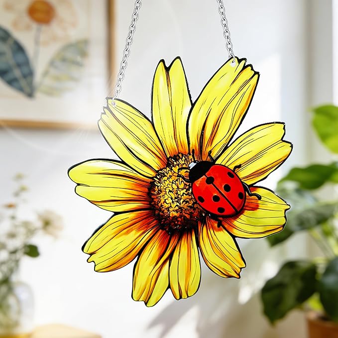 Sunflower and Ladybug Stained Glass, Sunflower Suncatcher for Window, Hanging Suncatcher for Grandma/Mom/Women