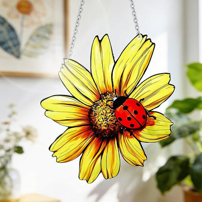 Sunflower and Ladybug Stained Glass, Sunflower Suncatcher for Window, Hanging Suncatcher for Grandma/Mom/Women