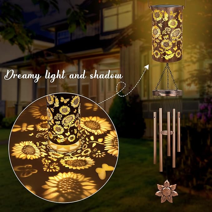 YHmall Solar Wind Chimes for Outside, 35'' Sunflower Gifts for Women Mom Grandma Windchimes Outdoors, Solar Lantern Memorial Wind Chimes Teacher Appreciation Unique for Garden Decor