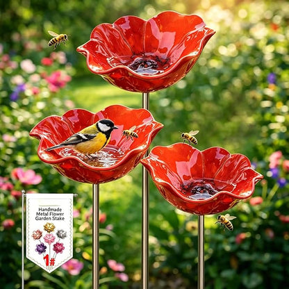 Metal Flower Garden Stakes Bird Bath Handmade, Bee Watering Station, Bees Bath for Garden Metal Bee Water Feeder with Flower Design, Colorful Butterfly Bees Bath Bowl for Outdoor Yard Decor (3PCS)
