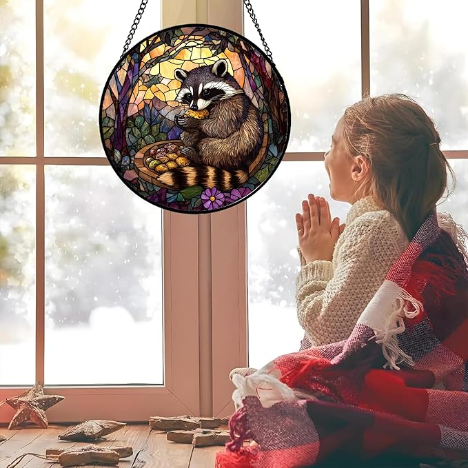 Stained Glass Window Hanging Brown Raccoon Forest Scenery 6.3" - Suncatcher Door Garden Sunroom Sun Catcher Home Decor Birthday Christmas for Mom Men Woman Nana