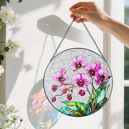 8-Inch Stained Glass Ornament, Stained Glass Window Hanging, Window Hanging Decor Suncatcher, Orchid Flower Ornament | Christmas, Mother's Day, Birthday | Gifts for Mom & Grandma, Flower Lover Gift