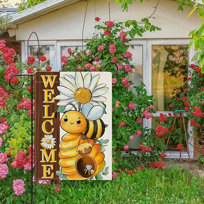 Dyrenson Welcome Spring Summer Bumble Bee Decorative Garden Flag, Daisy Flower Honeycomb Yard Outside Home Decorations, Farmhouse Honey Floral Burlap Outdoor Small Decor Double Sided 12 x 18