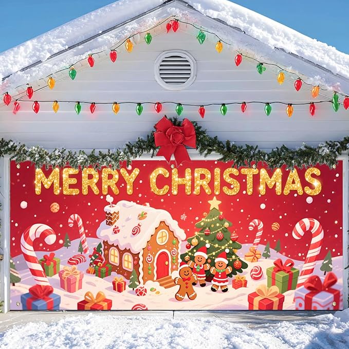 IVN Christmas Garage Door Cover Decoration 13x6ft Gingerbread House Christmas Tree Candy Path Merry Christmas Garage Door Banner Home Door Front Yard Decor for Xmas Eve Holiday Outdoor
