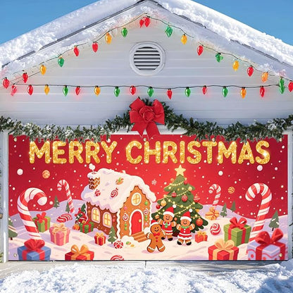 IVN Christmas Garage Door Cover Decoration 13x6ft Gingerbread House Christmas Tree Candy Path Merry Christmas Garage Door Banner Home Door Front Yard Decor for Xmas Eve Holiday Outdoor