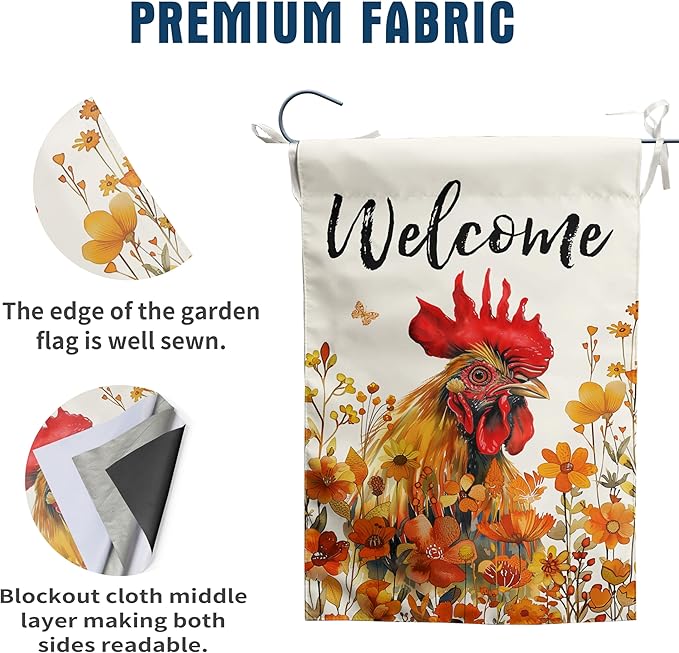 Chicken Fall Garden Flag Autumn Rooster Yard Sign Orange Floral Thanksgiving Outdoor Banners for Outside 12x18 Double Sided Small Wild Flower Lawn Decorations