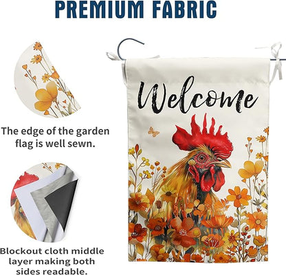 Chicken Fall Garden Flag Autumn Rooster Yard Sign Orange Floral Thanksgiving Outdoor Banners for Outside 12x18 Double Sided Small Wild Flower Lawn Decorations