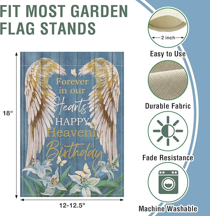 Artofy Memorial Forever in Our Hearts Wings Small Decorative Garden Flag, Happy Heavenly Birthday Lily Cemetery Yard Lawn Outside Decor, Farmhouse Burlap Outdoor Home Decoration Double Sided 12 x 18