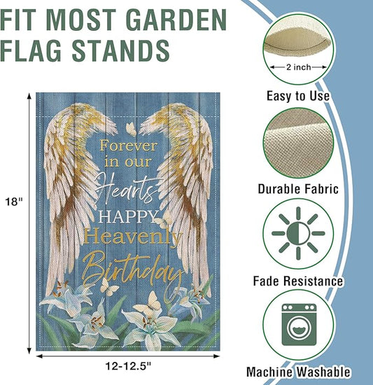 Artofy Memorial Forever in Our Hearts Wings Small Decorative Garden Flag, Happy Heavenly Birthday Lily Cemetery Yard Lawn Outside Decor, Farmhouse Burlap Outdoor Home Decoration Double Sided 12 x 18