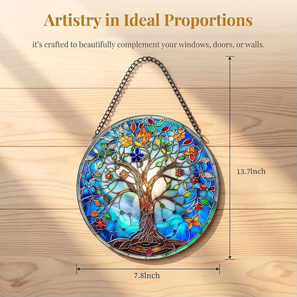 Stained Glass Window Hanging Tree of Life Suncatcher 8 Inch, Indoor Outdoor Wall Art Home Decor, Sun Catchers, Birthday Holiday Gift for Women Men