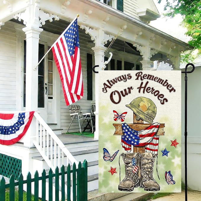 Memorial Day Garden Flag 12x18 Inch, Always Remember Our Heroes Double Sided Patriotic Flag for Yard Outdoor Decoration