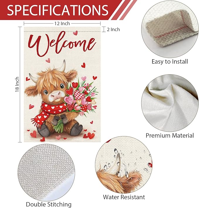 Heyfibro Welcome Valentine's Day Highland Cow Garden Flag 12 x 18 Inch Double Sided Burlap, Floral Heart Bouquet & Red Scarf Yard Flag for Outdoor Romantic Holiday Decoration (ONLY FLAG)
