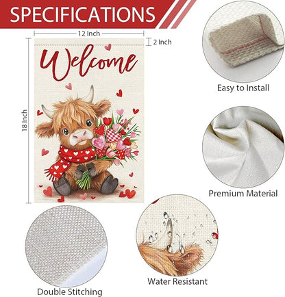 Heyfibro Welcome Valentine's Day Highland Cow Garden Flag 12 x 18 Inch Double Sided Burlap, Floral Heart Bouquet & Red Scarf Yard Flag for Outdoor Romantic Holiday Decoration (ONLY FLAG)