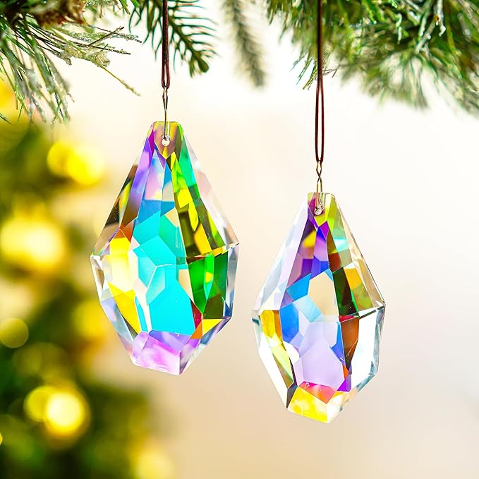 H&D HYALINE & DORA Set of 2 Crystal Sun Catcher Prisms 3.5" AB Colored Hanging Crystals for Window Rainbow Maker Prisms for Home Garden Decor