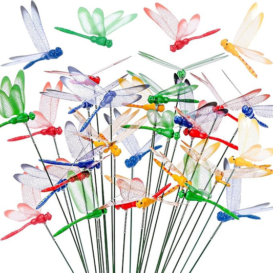 VGOODALL 24PCS Dragonfly Garden Stakes, Plastic Garden Decorations 4 Colors Dragonfly Ornaments for Indoor Outdoor Yard