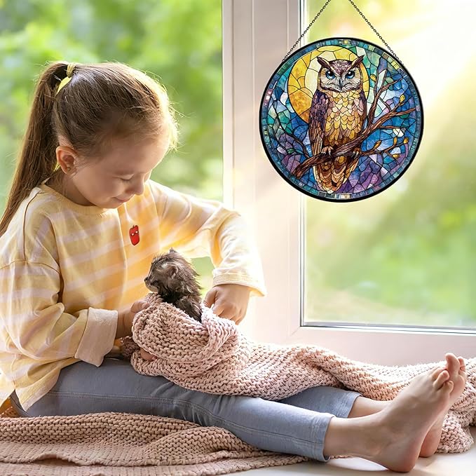 Owl Stained Glass Window Hanging, 7.9" Owl on a Branch Suncatcher for Window Doors Home Decoration, Owls Decor for Home, Mother's Day Christmas Birthday Gifts for Owls Lovers Women Men