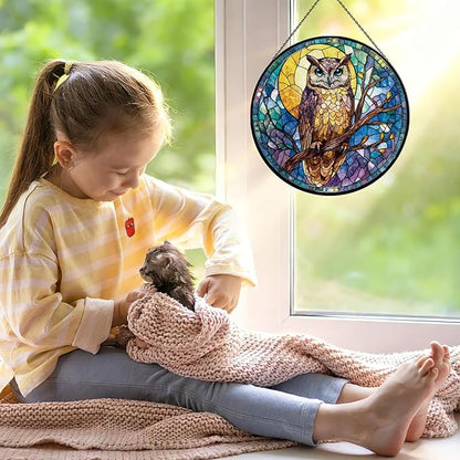 Owl Stained Glass Window Hanging, 7.9" Owl on a Branch Suncatcher for Window Doors Home Decoration, Owls Decor for Home, Mother's Day Christmas Birthday Gifts for Owls Lovers Women Men