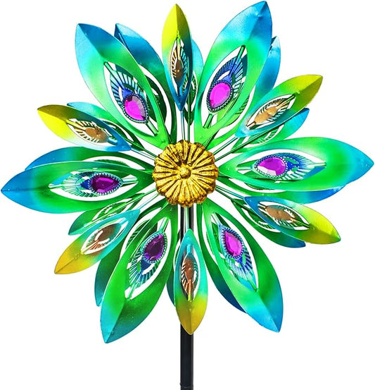 53 Inch Wind Spinner - Outdoor Metal Peacock Wind Sculptures for Garden, Patio, Yard, Lawn Decorations Double Windmill Spinner
